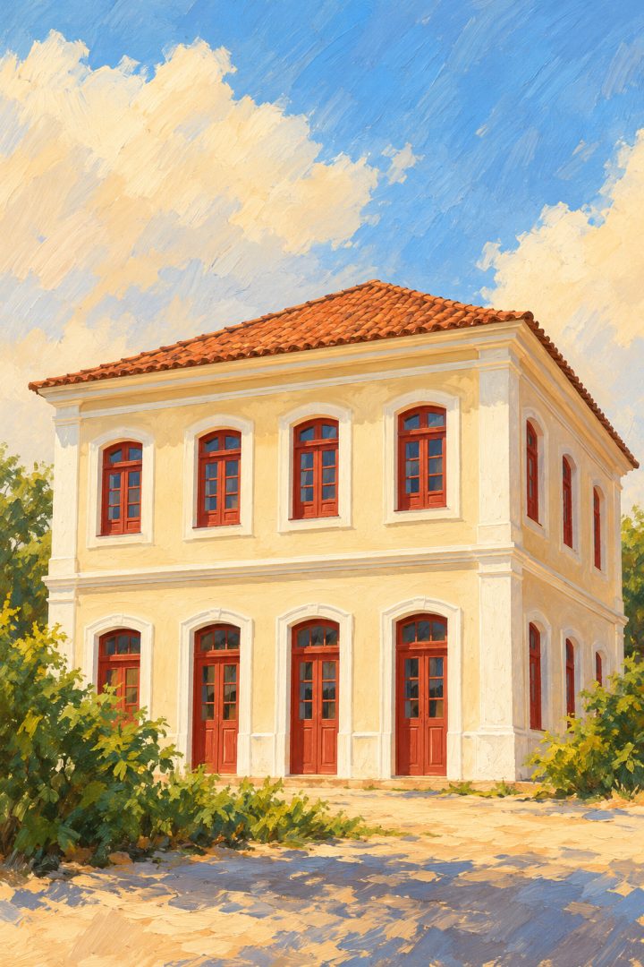 Ilustração da Morada dos Baís, em Campo Grande, com dois pavimentos, fachada creme, portas e janelas avermelhadas e telhado cerâmico.