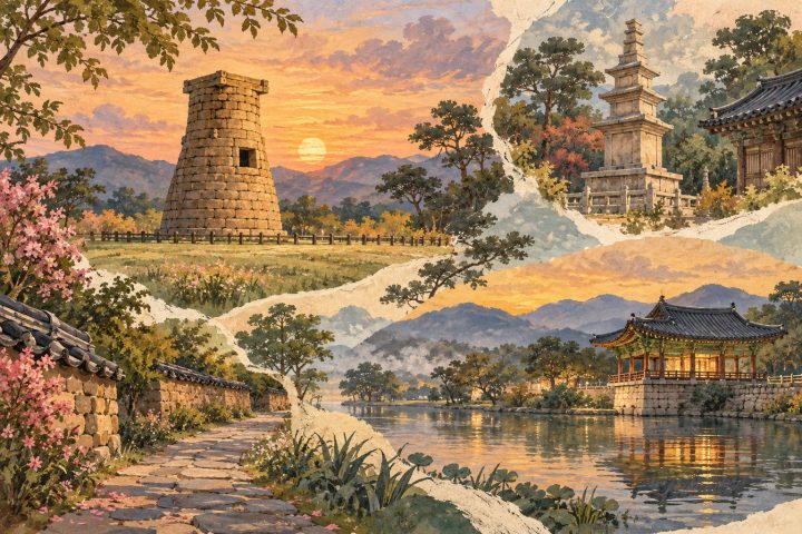 Ilustração artística de Gyeongju com observatório de pedra, pagode e pavilhão refletido na água ao entardecer.
