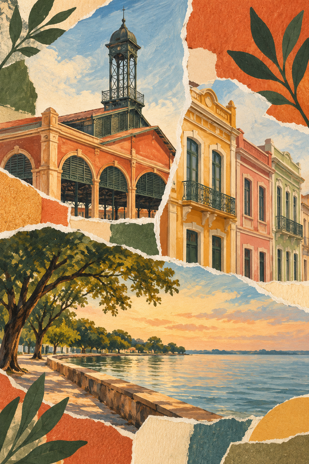 Ilustração artística de Pelotas com referências ao Mercado Central, aos casarões do Centro e à orla arborizada do Laranjal.