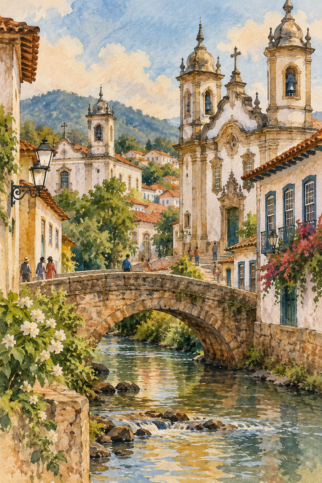 Ilustração artística de São João del-Rei com igrejas, casario e uma ponte de pedra, em tons terrosos e azul.