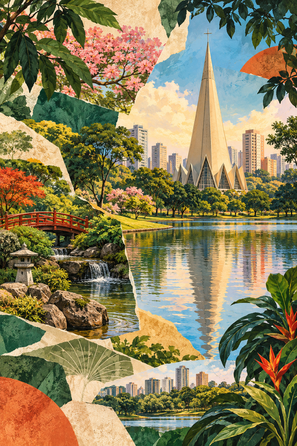 Ilustração artística de Maringá com a forma cônica da Catedral, vegetação, lago e referências aos jardins japoneses.