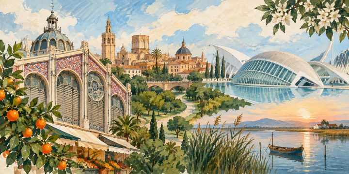 Ilustração artística de Valência reunindo arquitetura de mercado, jardins, as curvas do Hemisfèric e a paisagem aquática da Albufera.