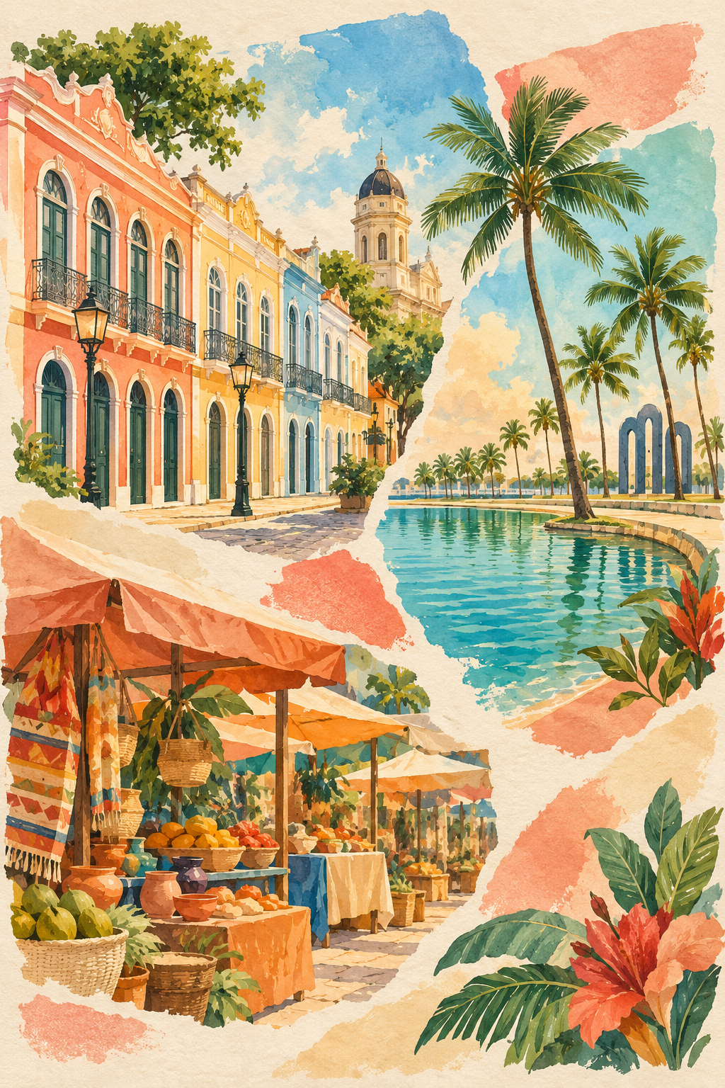 Ilustração artística de Aracaju reunindo arquitetura histórica, lago com palmeiras e elementos de mercado, em composição sem texto.