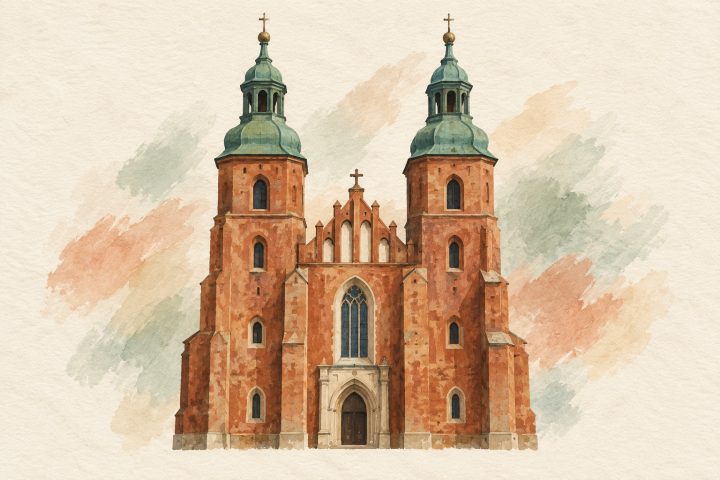 Ilustração em guache da Catedral de São Pedro e São Paulo, em Poznań, com fachada de tijolos e duas torres, isolada sobre fundo de papel em uma composição artística imaginária.