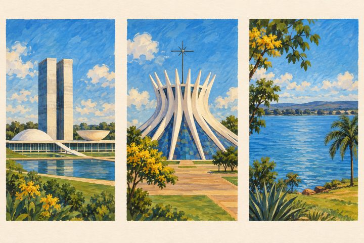 Montagem ilustrada de Brasília em três cenas separadas: Congresso Nacional, Catedral Metropolitana e uma paisagem à beira do Lago Paranoá.