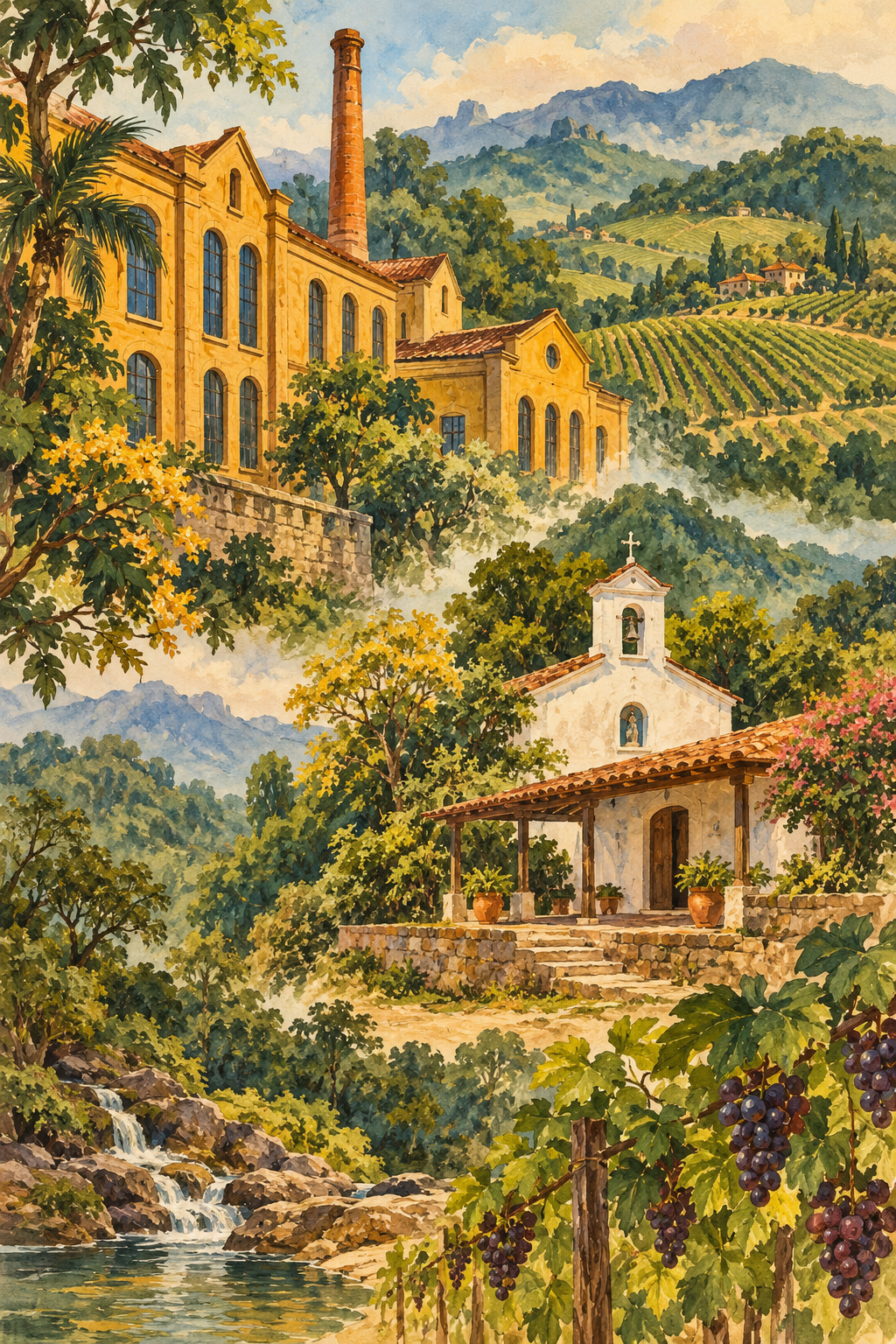 Ilustração artística de São Roque combinando arquitetura industrial, capela branca, mata e paisagem de vinhedos.