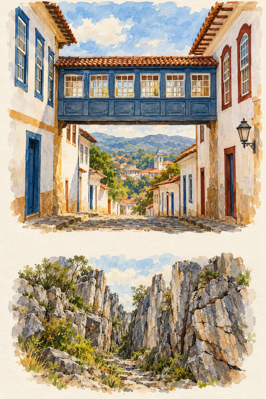Ilustração em duas vinhetas separadas: o Passadiço da Glória, passagem elevada e fechada com janelas ligando dois sobrados em Diamantina, e os paredões quartzíticos com fendas da Gruta do Salitre.