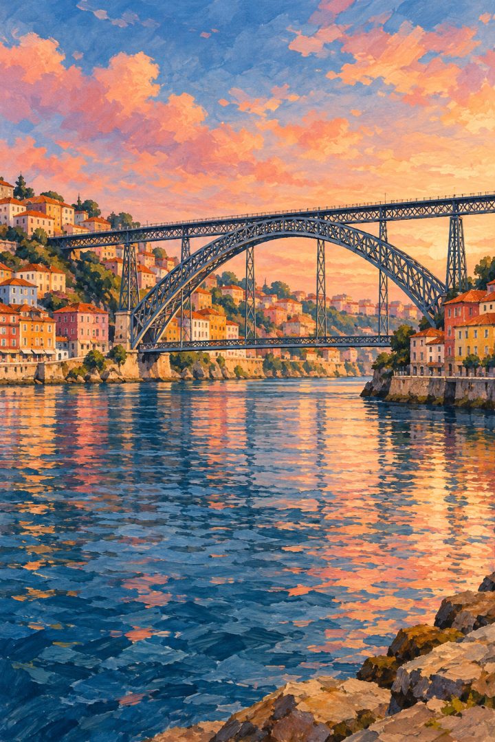 Ilustração em guache da Ponte Luís I sobre o rio Douro, entre Porto e Vila Nova de Gaia, com fachadas coloridas nas margens.