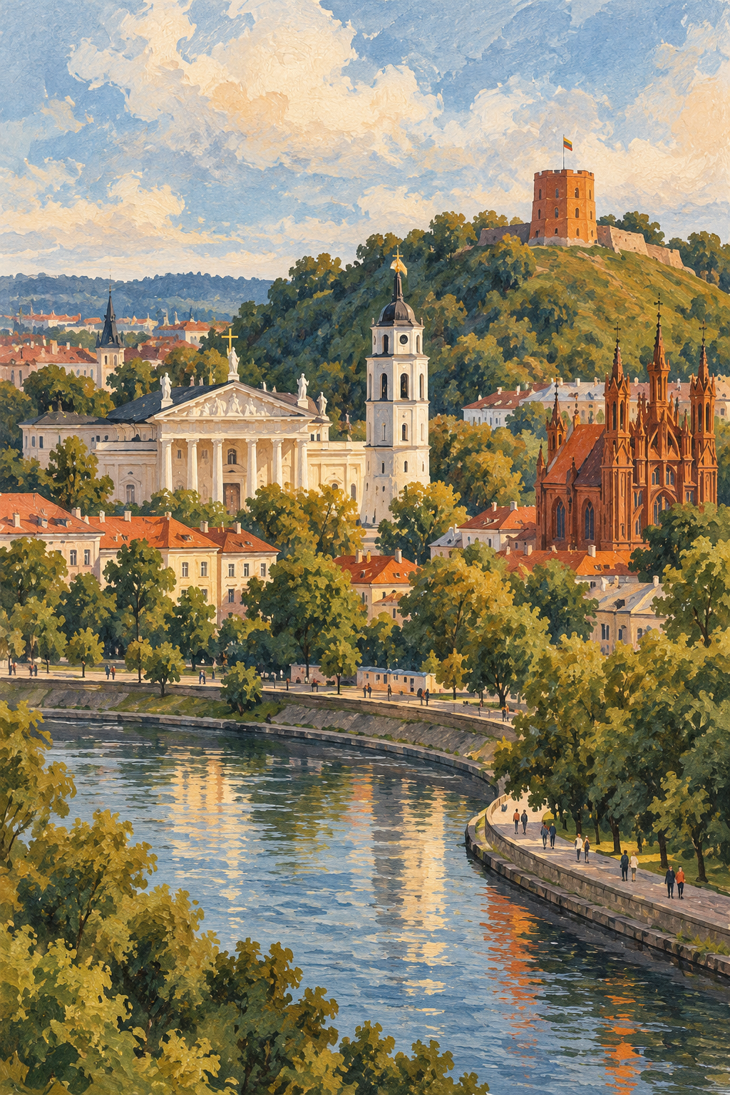 Ilustração artística de Vilnius com a Catedral branca, a Torre de Gediminas na colina e fachadas de tijolos vermelhos junto ao rio.
