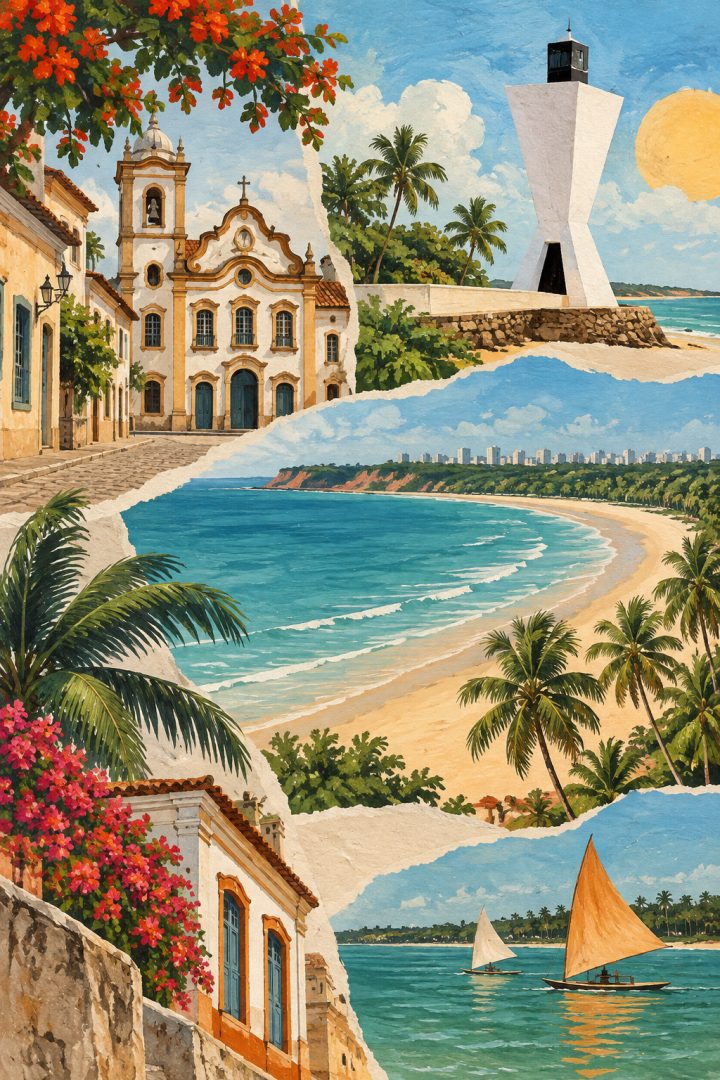 Ilustração artística de João Pessoa reunindo mar, coqueiros, arquitetura histórica e uma interpretação do Farol do Cabo Branco.