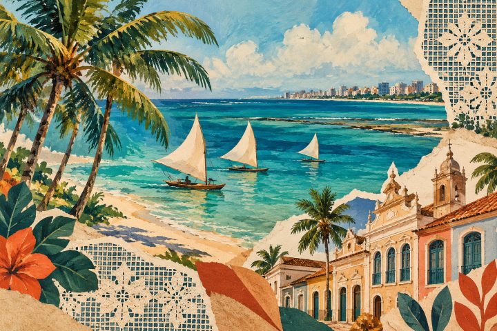Ilustração artística de Maceió com jangadas, coqueiros, casario e motivos inspirados no bordado filé.
