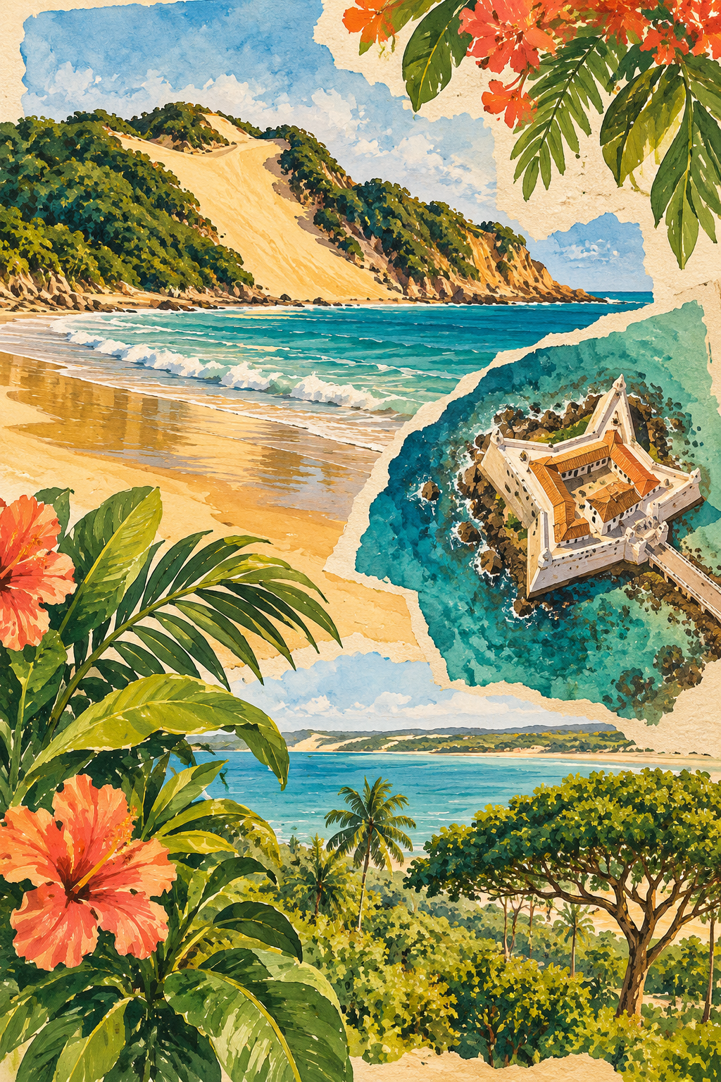 Ilustração artística de Natal reunindo o Morro do Careca, a forma estrelada do Forte dos Reis Magos e a vegetação dos parques.