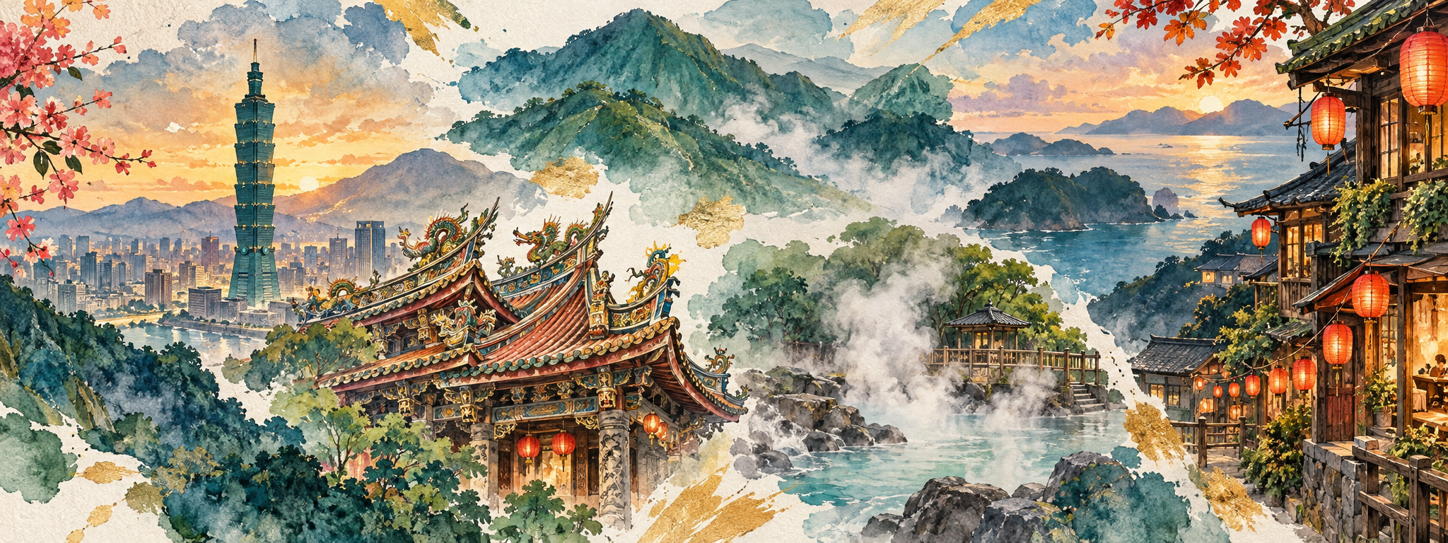 Ilustração artística de Taipé e Jiufen, com o Taipei 101, um templo ornamentado, montanhas e uma casa de chá com lanternas.