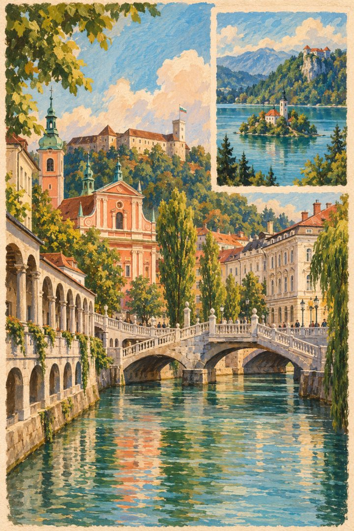 Ilustração artística de Liubliana e do Lago Bled, reunindo pontes, arquitetura urbana e paisagem lacustre.
