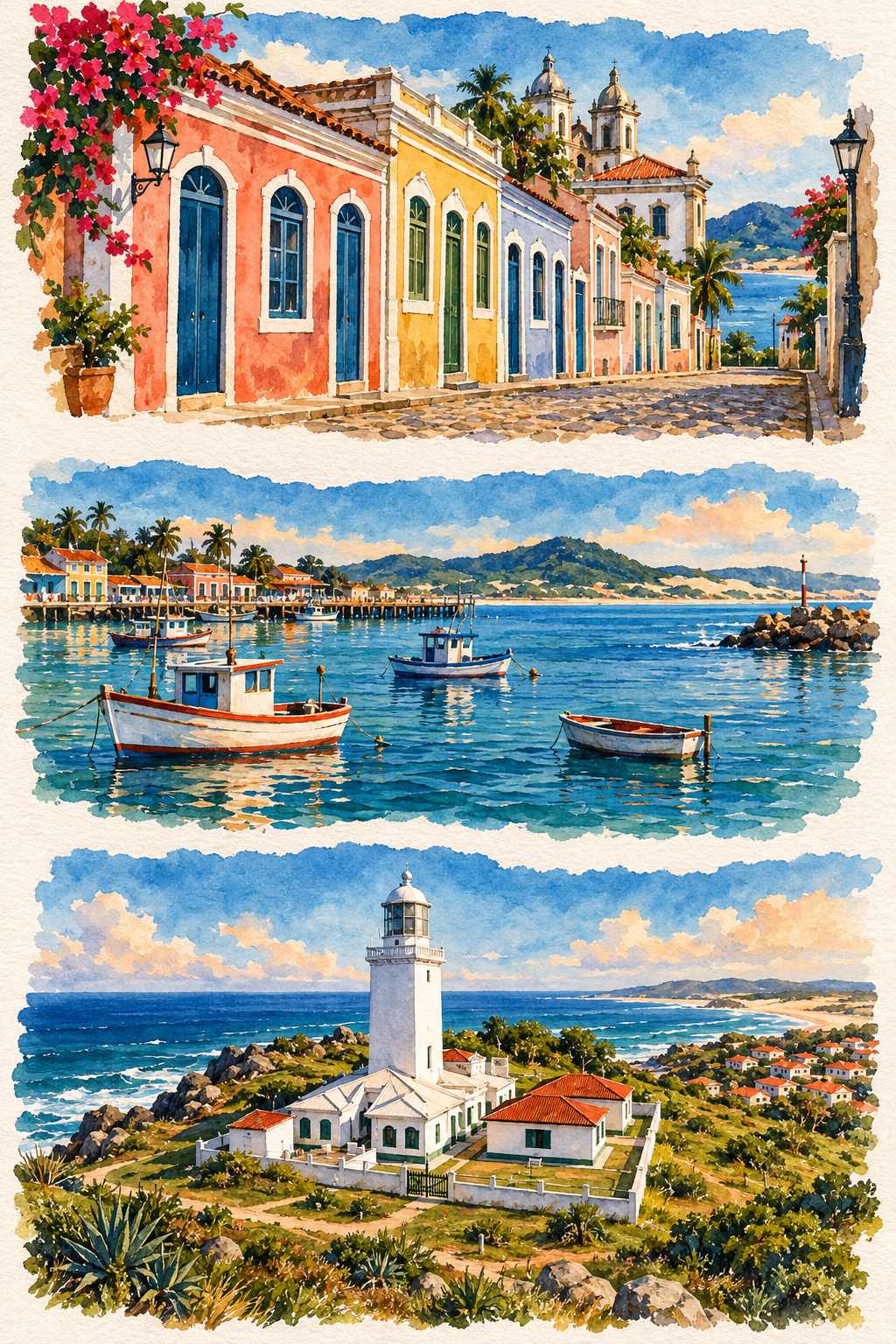 Ilustração artística de Laguna, reunindo casario colorido, canal com barcos e o Farol de Santa Marta junto ao litoral.