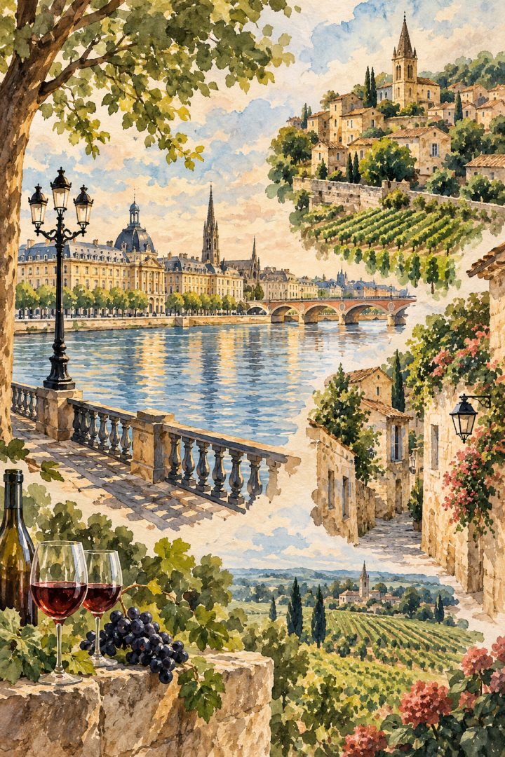 Ilustração artística de Bordeaux e Saint-Émilion, com fachadas de pedra, rio, jardins e vinhedos em uma composição de viagem.