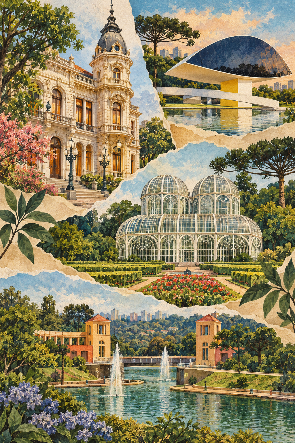 Ilustração artística de Curitiba reunindo o Paço da Liberdade, o Museu Oscar Niemeyer, a estufa do Jardim Botânico e os jardins do Tanguá.