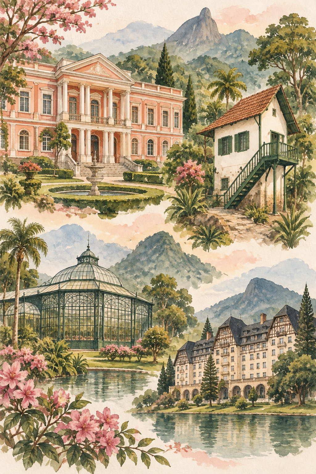 Ilustração artística de Petrópolis reunindo referências ao Museu Imperial, à Casa de Santos Dumont, ao Palácio de Cristal e ao Quitandinha entre jardins.