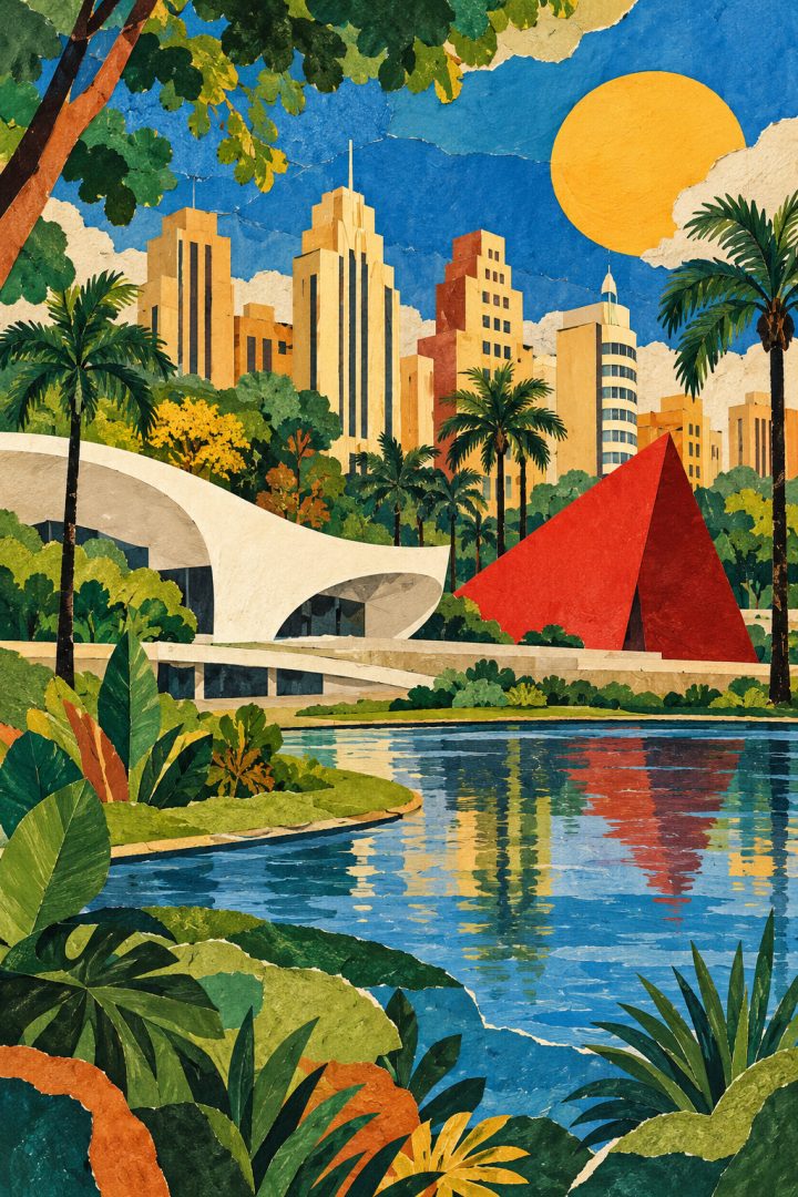 Ilustração artística de Goiânia, combinando arquitetura, lago de parque e vegetação urbana em uma composição colorida.