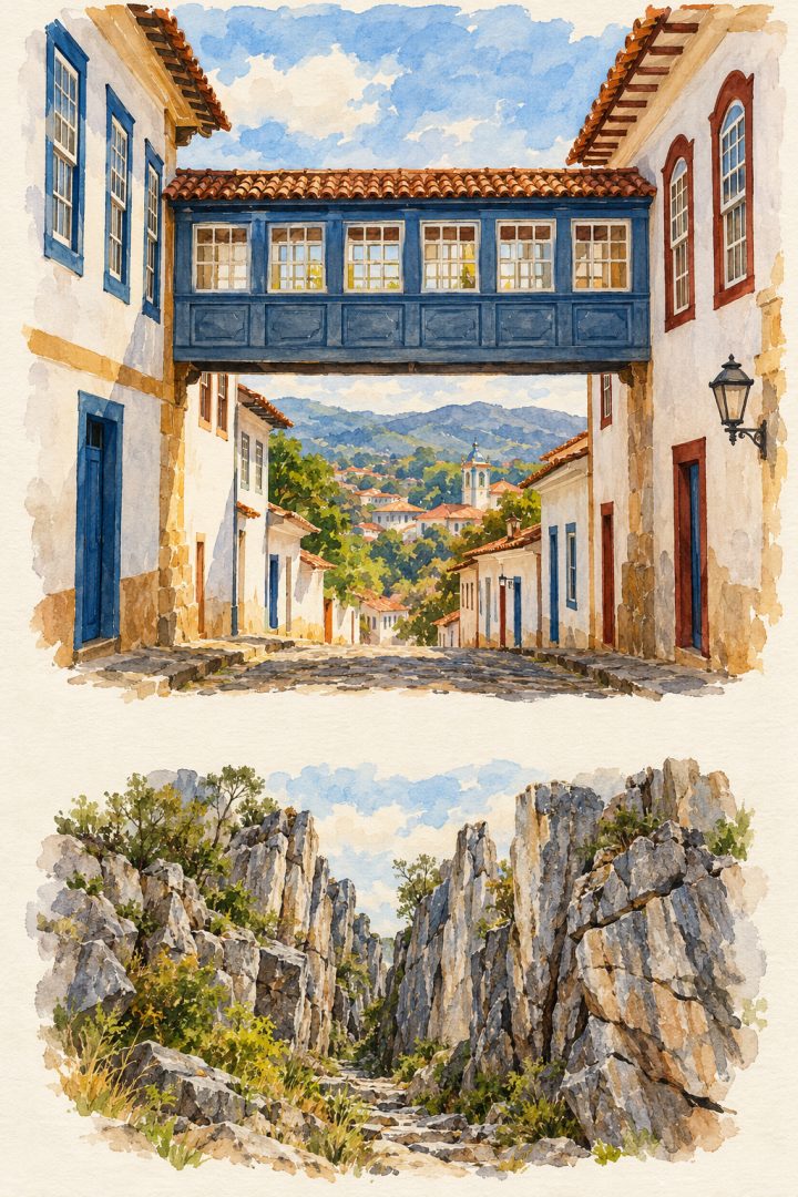Ilustração em duas vinhetas separadas: o Passadiço da Glória, passagem elevada e fechada com janelas ligando dois sobrados em Diamantina, e os paredões quartzíticos com fendas da Gruta do Salitre.