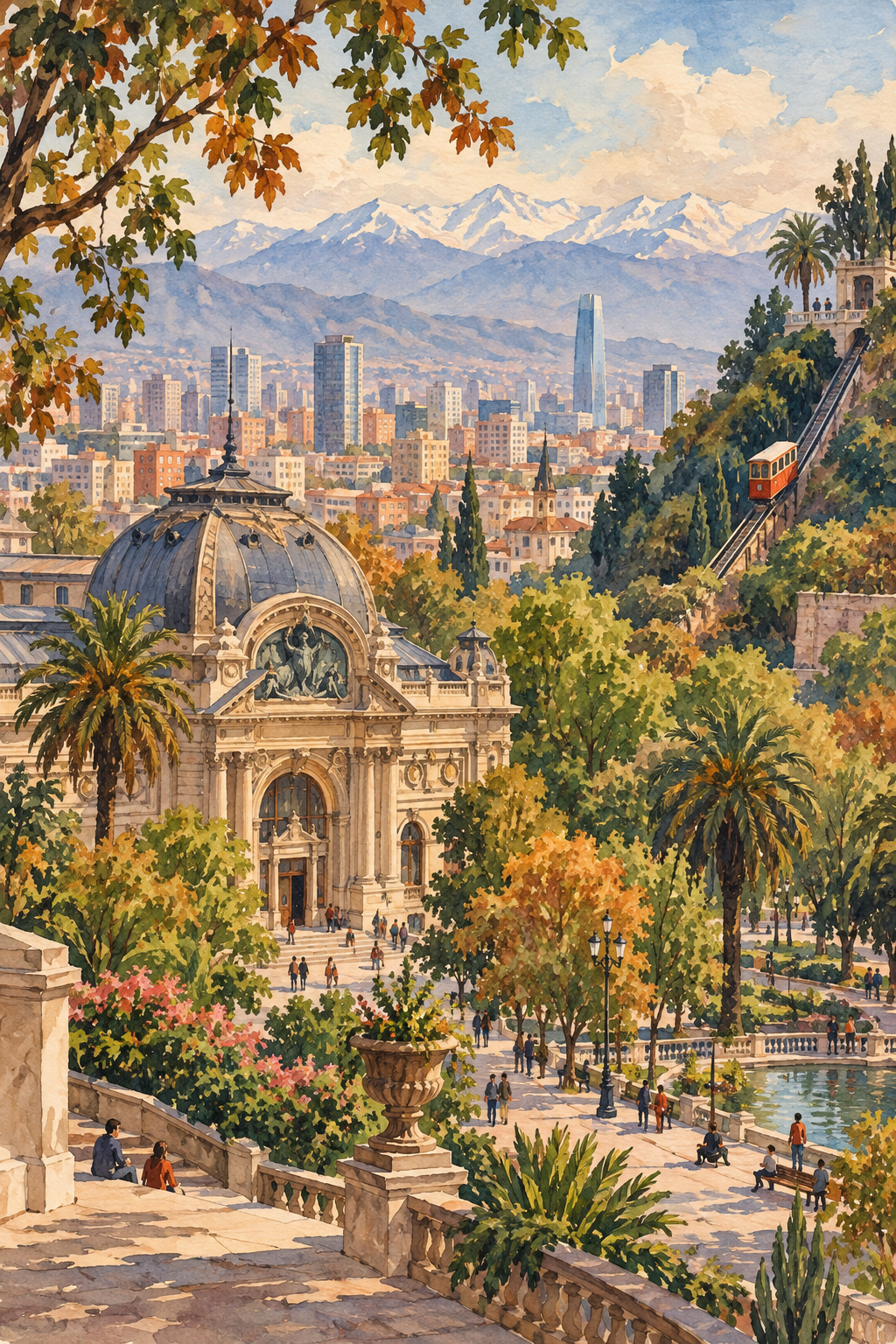 Ilustração artística de Santiago com arquitetura de museu, áreas verdes, um funicular e a cidade entre colinas.