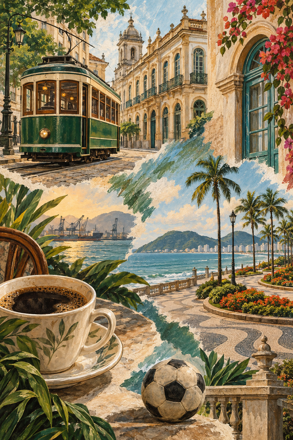 Ilustração artística de Santos com bonde, referências ao café e ao futebol, jardins da orla e mar.