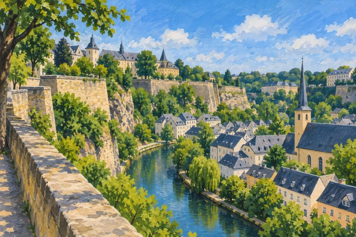 Ilustração em guache do Grund visto da Corniche, na Cidade de Luxemburgo, com muralhas de pedra, casas de telhados escuros, árvores e o rio Alzette no vale.