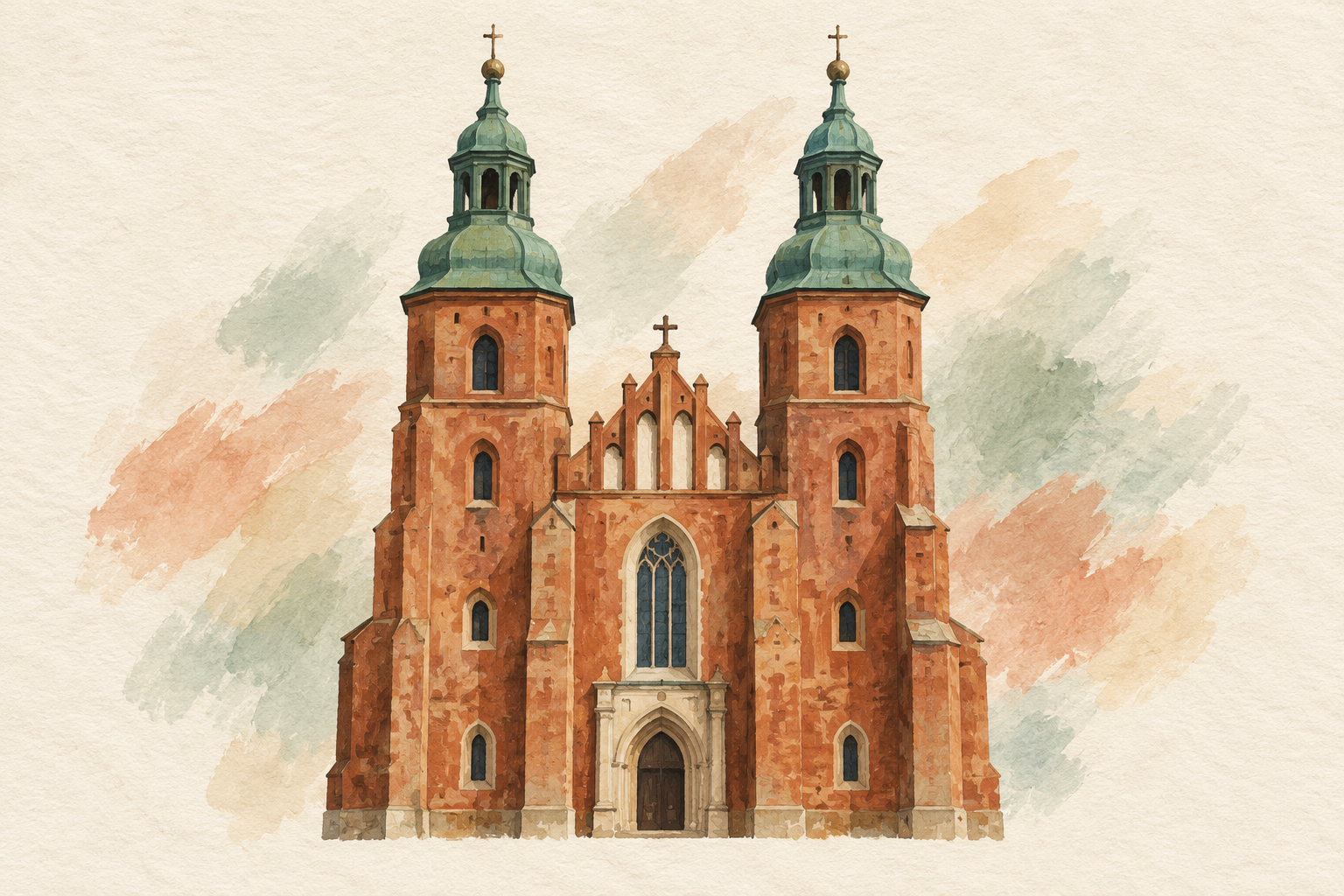Ilustração em guache da Catedral de São Pedro e São Paulo, em Poznań, com fachada de tijolos e duas torres, isolada sobre fundo de papel em uma composição artística imaginária.