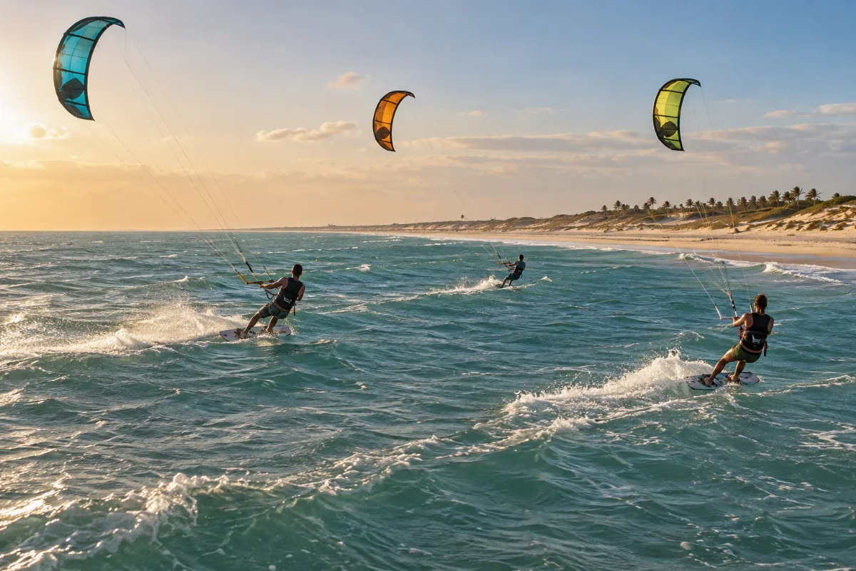 Ilustração por IA: Ilustração fotorrealista horizontal em formato 3:2, com três praticantes de kitesurf junto a uma praia arenosa, dunas e vegetação costeira sob luz natural dourada. Cena conceitual inspirada no litoral cearense, gerada por IA, sem textos ou marcas e sem representar um registro da edição real.