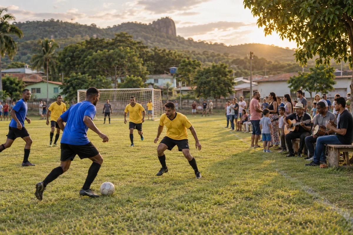 Ilustração por IA: Ilustração fotorrealista em formato horizontal 3:2, com futebol em campo gramado, famílias acompanhando a partida e músicos à margem, sob luz natural de fim de tarde. A cena foi gerada por IA e representa um ambiente comunitário imaginado, sem retratar um local específico ou a edição real do evento.