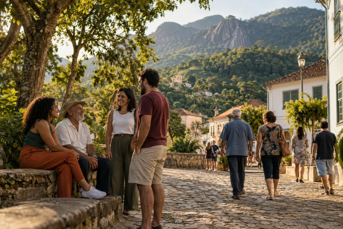 Ilustração por IA: Ilustração fotorrealista horizontal em formato 3:2, com pessoas conversando e caminhando entre árvores e construções tradicionais, com morros verdes ao fundo e luz natural. A cena imaginada evoca a vida comunitária de Santa Teresa, sem representar um local específico ou registrar a edição real do evento; não contém textos ou logotipos.