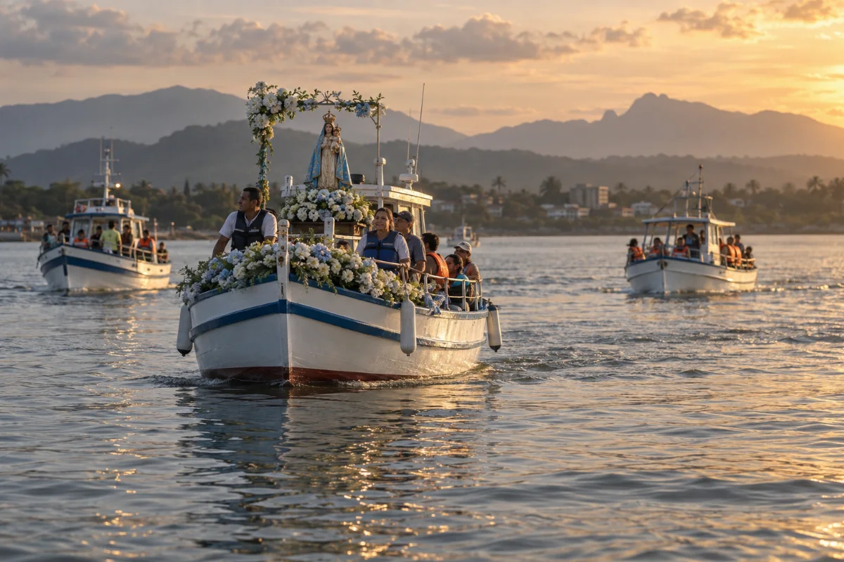 Ilustração por IA: Ilustração fotorrealista horizontal em formato 3:2, inspirada na procissão marítima: barcos com participantes acompanham uma embarcação decorada com flores e imagem religiosa, sob luz dourada, com montanhas ao fundo. Cena criada por IA, sem representar um local exato ou registro da edição real.