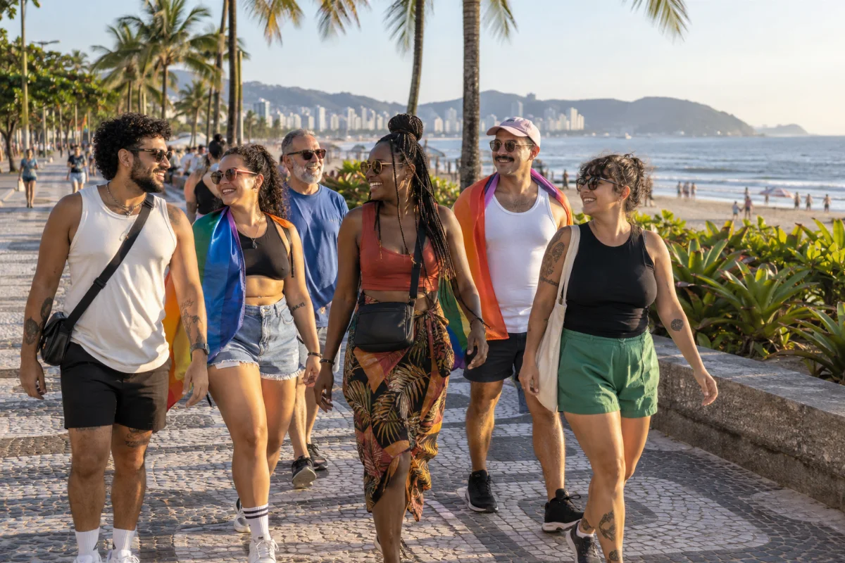 Ilustração por IA: Ilustração fotorealista horizontal em formato 3:2, com pessoas caminhando juntas em uma orla inspirada em Santos, entre jardins, palmeiras e o mar. Tecidos nas cores do arco-íris representam a diversidade sob luz natural. A cena é fictícia, gerada por IA, e não documenta a edição real do evento.