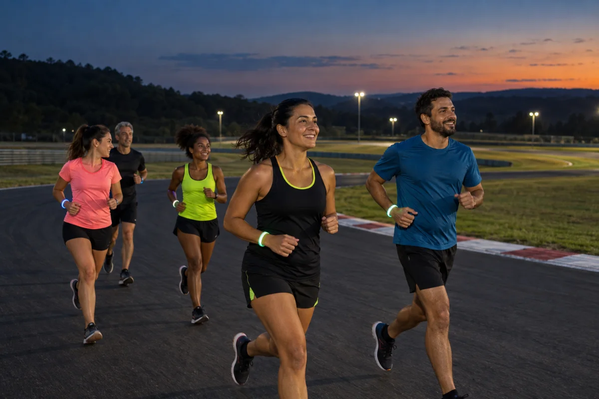 Ilustração por IA: Ilustração fotorrealista horizontal em formato 3:2, gerada por IA, com cinco adultos correndo em uma pista de autódromo ao anoitecer. Roupas esportivas coloridas e pulseiras luminosas acompanham o cenário de gramados e colinas, sem representar uma fotografia da edição real ou reproduzir o local exato.