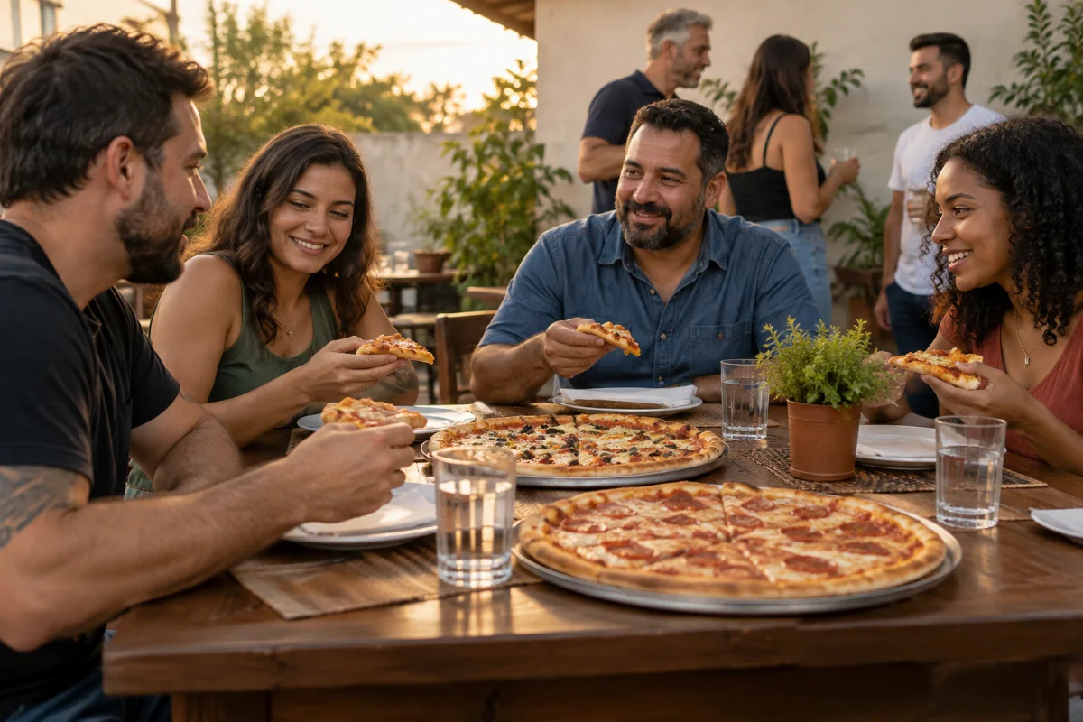 Ilustração por IA: Ilustração fotorrealista horizontal em proporção 3:2, com adultos reunidos ao redor de pizzas em uma mesa, sob luz natural e em ambiente informal. A cena imaginada remete à confraternização gastronômica, sem reproduzir o estabelecimento ou uma fotografia da edição real, e não contém textos ou marcas.