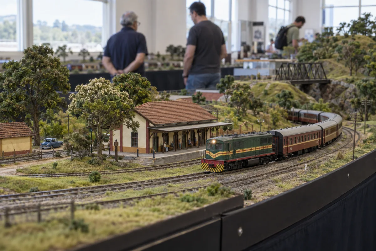 Ilustração por IA: Ilustração fotorealista horizontal em formato 3:2, com trem em miniatura, estação de telhado cerâmico e paisagem arborizada sobre uma mesa de exposição. Visitantes aparecem ao fundo sob luz natural, em uma cena imaginada que não representa um registro da edição real.