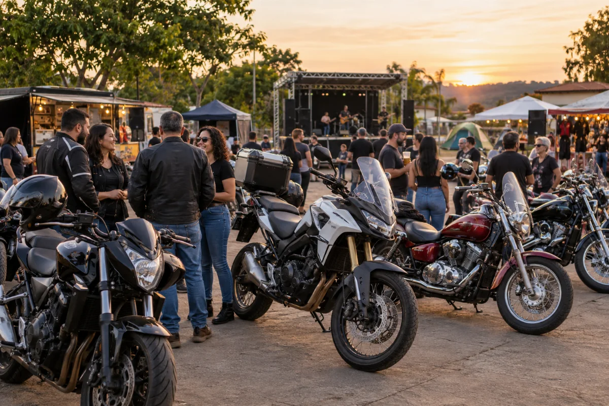 Ilustração por IA: Ilustração fotorealista horizontal em formato 3:2, com motocicletas estacionadas e adultos conversando à luz do fim da tarde. Food truck, estandes, palco e barracas de camping compõem uma cena imaginada, inspirada nas atividades do evento, sem representar seu local exato ou uma edição real.