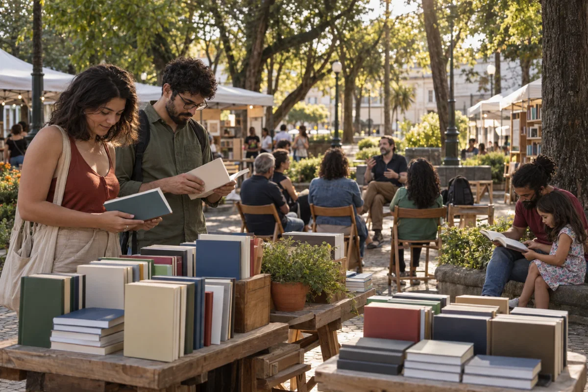 Ilustração por IA: Ilustração fotorrealista horizontal em formato 3:2, com visitantes folheando livros, uma conversa literária e um adulto lendo com uma criança em uma praça arborizada. A luz natural ilumina a cena imaginada, sem textos ou marcas e sem reproduzir uma edição real do evento.