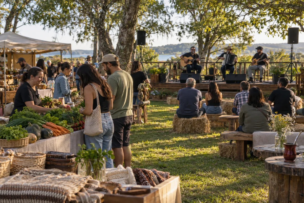 Ilustração por IA: Ilustração fotorealista horizontal em formato 3:2, gerada por IA, com músicos em um palco ao ar livre, visitantes e bancas de produtos agrícolas e artesanato sob luz natural. A cena é imaginada e não reproduz o local ou uma edição real do evento.