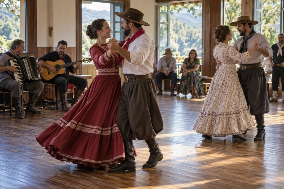 Ilustração por IA: Ilustração fotorrealista horizontal em formato 3:2, com dois casais em trajes tradicionais dançando em um salão iluminado por luz natural, acompanhados por músicos com gaita e violão. A cena é imaginária, sem identificar um local específico nem reproduzir um registro da edição.