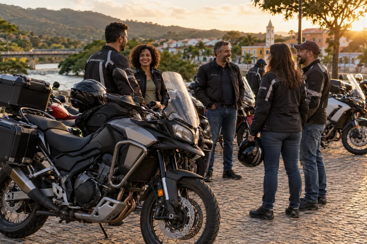 Ilustração por IA: Ilustração fotorealista em formato horizontal 3:2, com adultos conversando ao lado de motocicletas estacionadas sob luz natural de fim de tarde. O cenário urbano é imaginário, inspirado em uma cidade brasileira, sem representar o local real ou um registro da edição do evento.