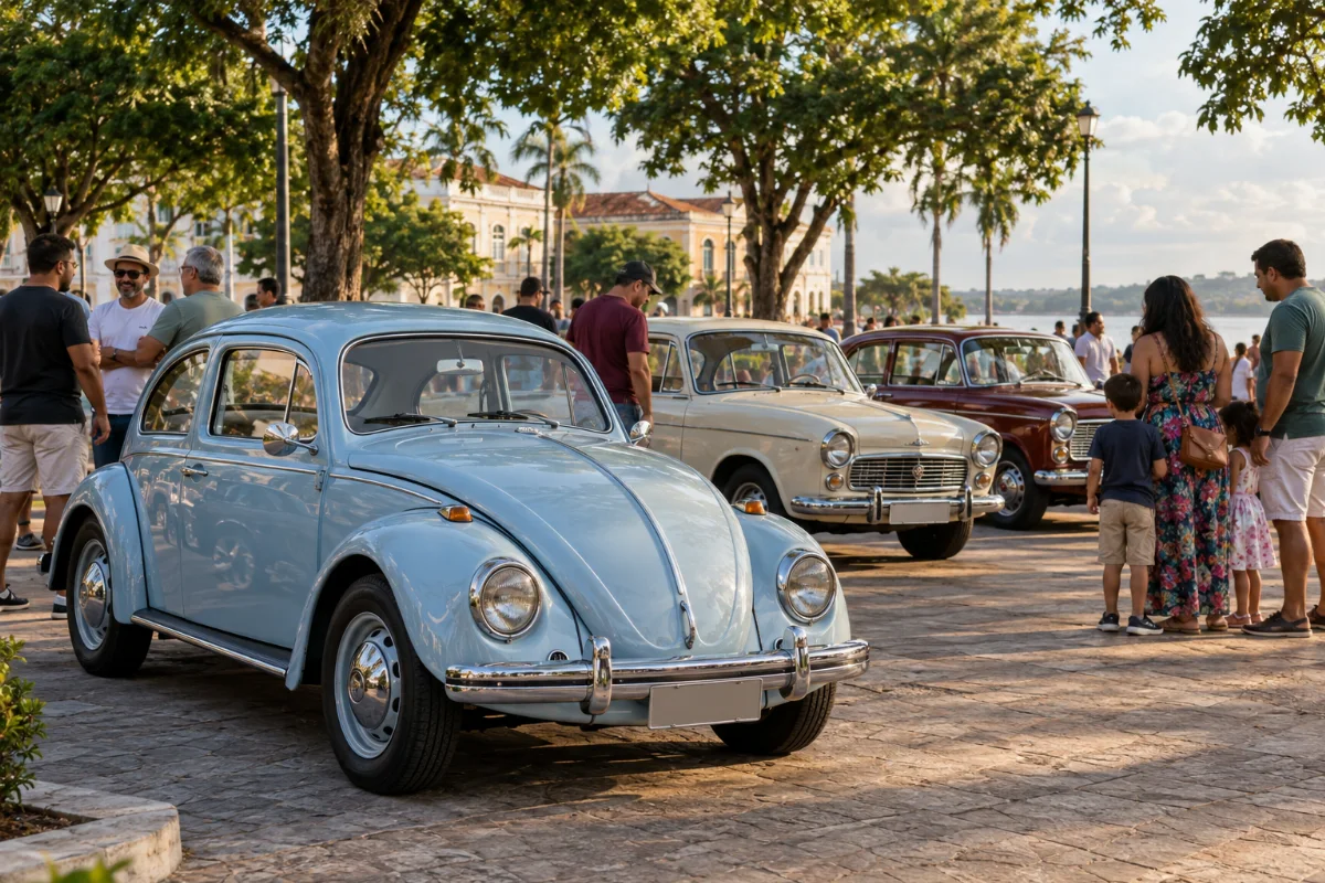 Ilustração por IA: Ilustração fotorealista em formato horizontal 3:2, com um Fusca azul e outros carros antigos em uma praça arborizada, acompanhados por visitantes sob luz natural. O cenário é imaginado, sem representar o local exato ou um registro da edição real.