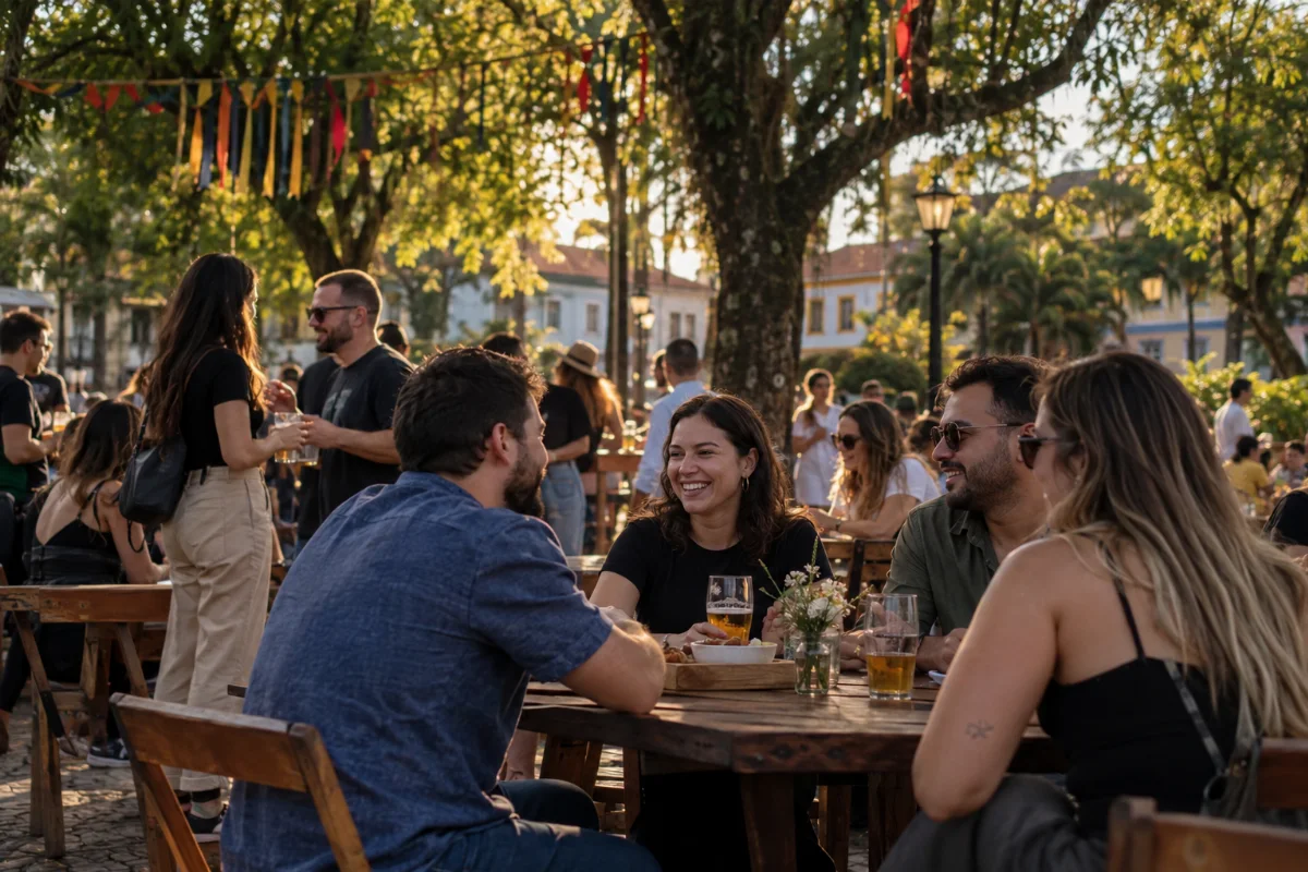 Ilustração por IA: Ilustração fotorrealista em formato horizontal 3:2, com adultos conversando ao redor de mesas de madeira em um ambiente arborizado, sob luz natural de fim de tarde. A cena criada por IA evoca uma celebração cultural, sem representar um local específico ou um registro real da edição, e não contém textos ou marcas.