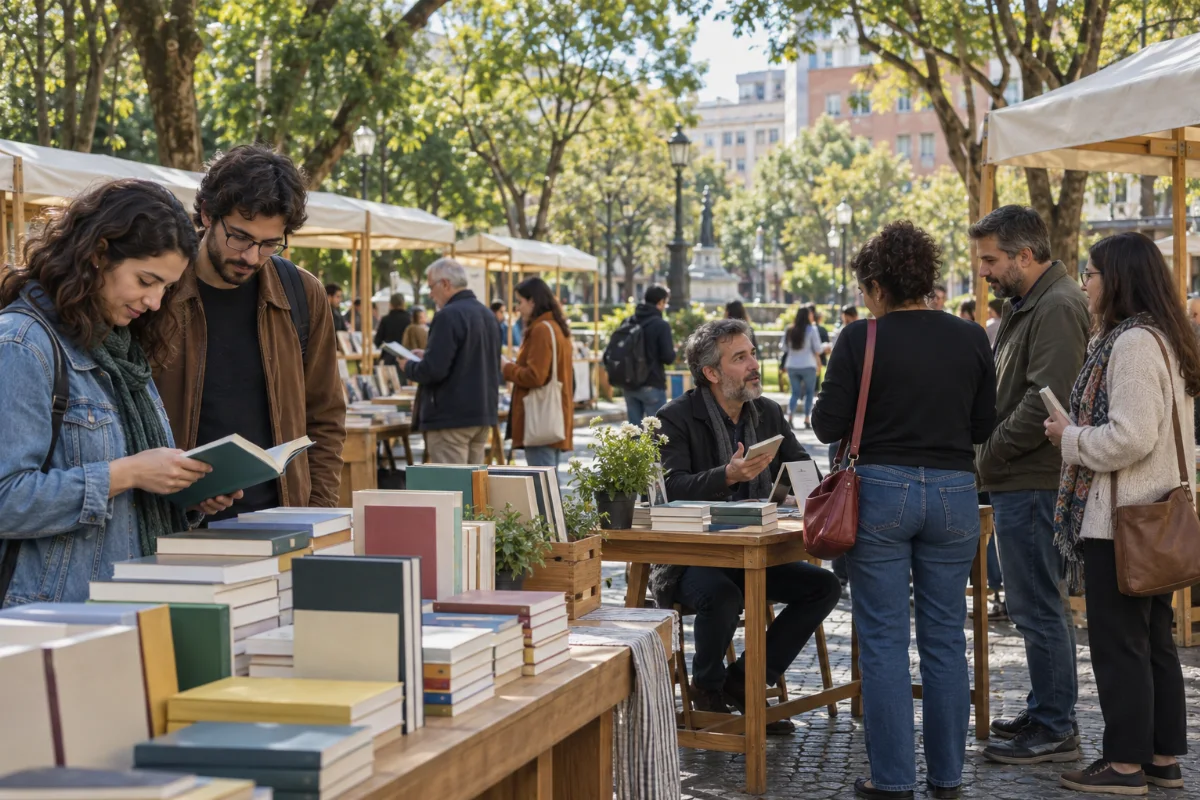 Ilustração por IA: Ilustração fotorealista gerada por IA em formato horizontal 3:2, com visitantes folheando livros e conversando em uma praça arborizada, sob luz natural. A cena é imaginada e inspirada nas atividades da feira, sem representar um registro da edição real.
