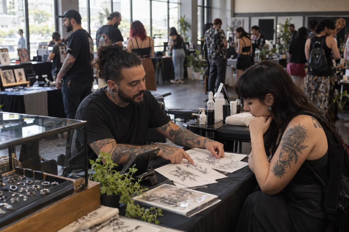Ilustração por IA: Ilustração fotorrealista em formato horizontal 3:2, com artista e visitante examinando desenhos de tatuagem, joias de piercing em uma vitrine e pessoas circulando ao fundo. A luz natural ilumina um ambiente de convenção imaginado, sem representar um local específico ou um registro da edição real.