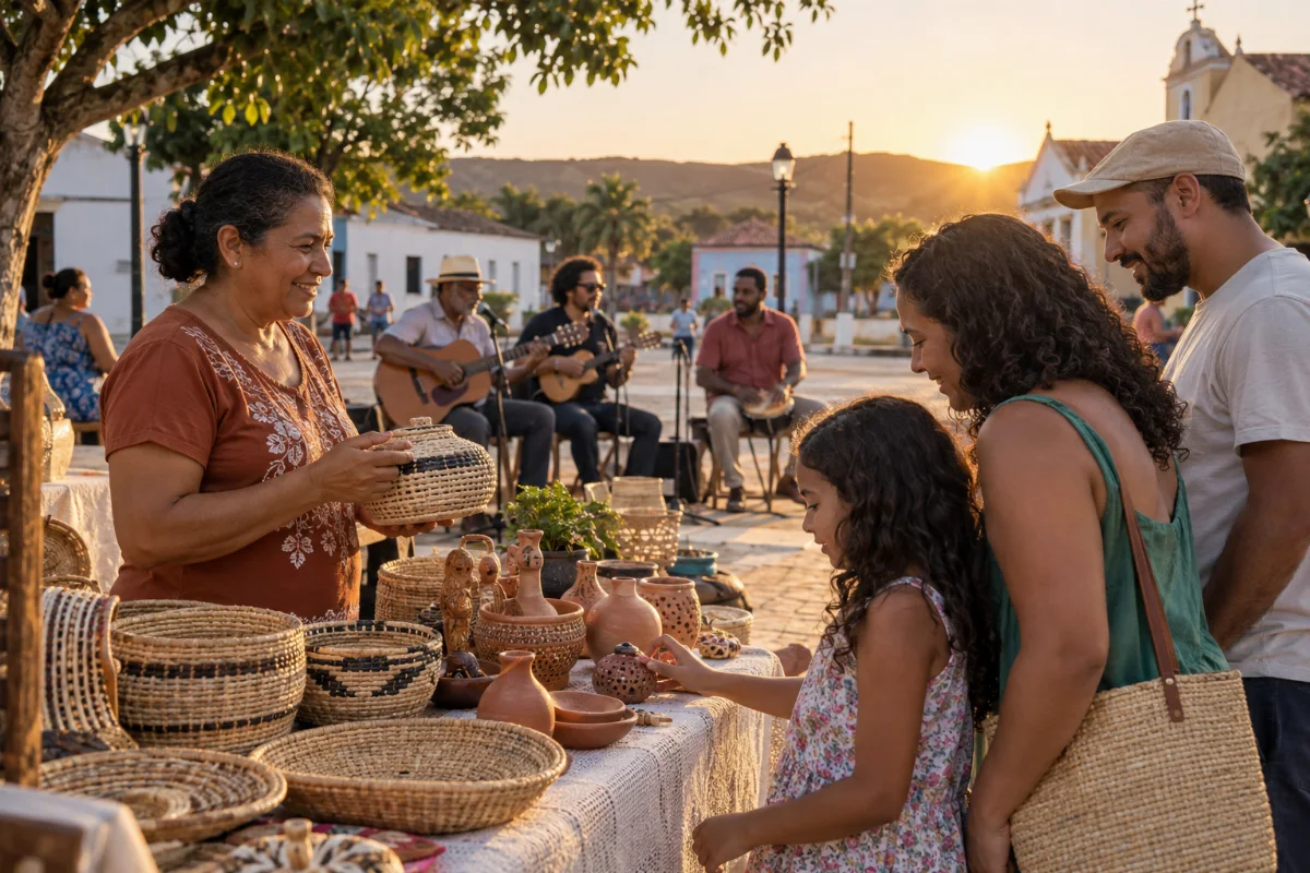 Ilustração por IA: Ilustração fotorrealista horizontal em formato 3:2, com uma artesã apresentando cestaria e cerâmica a visitantes e músicos ao fundo, sob luz natural de fim de tarde. A cena é fictícia, inspirada nas atividades culturais descritas, sem representar um local específico ou um registro da edição real.