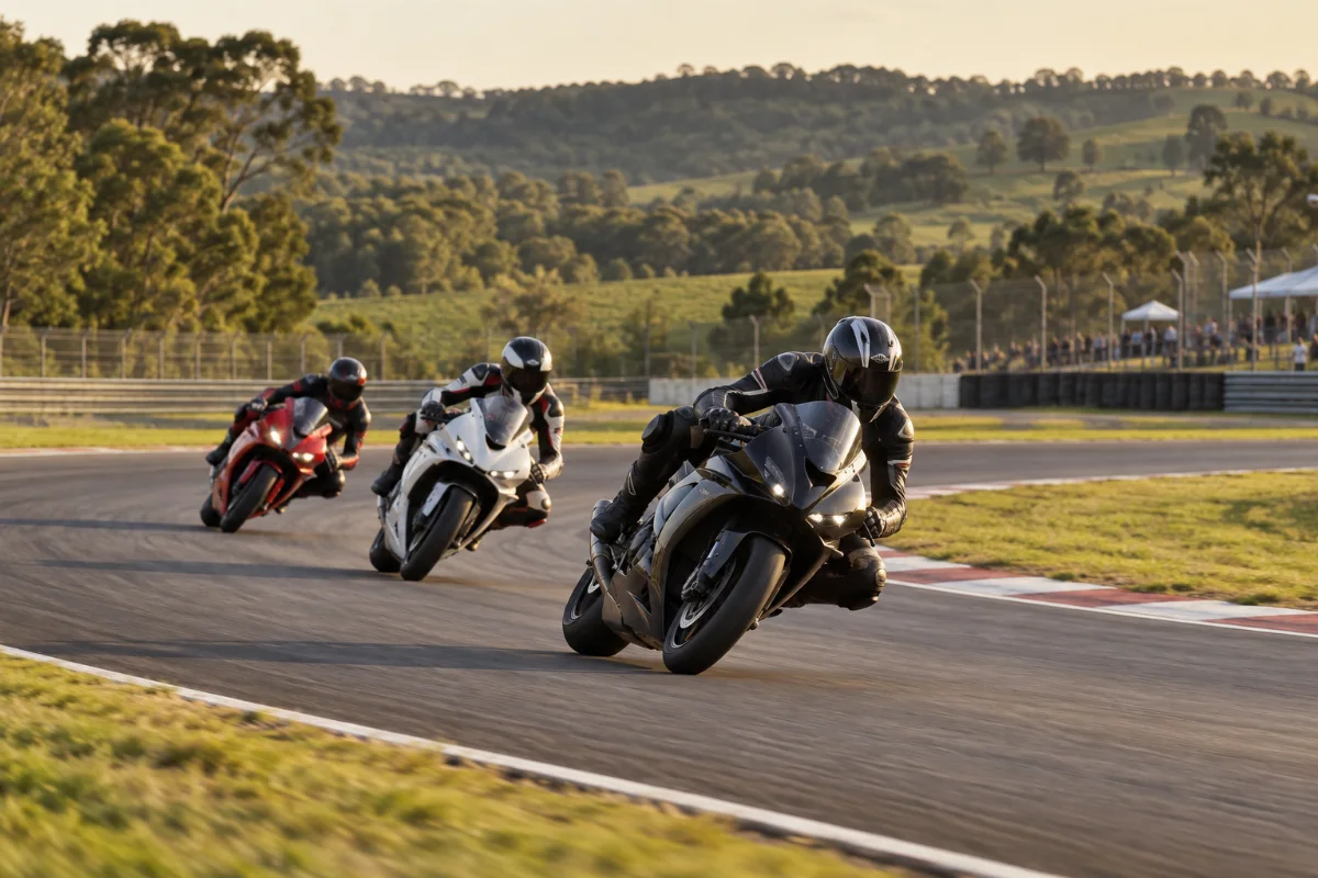 Ilustração por IA: Ilustração fotorrealista horizontal em 3:2 com três motociclistas usando equipamentos de proteção em uma curva de circuito, sob luz natural. Barreiras separam o público da pista, cercada por vegetação e colinas; a cena é ilustrativa, sem reproduzir o traçado ou uma edição real do evento.