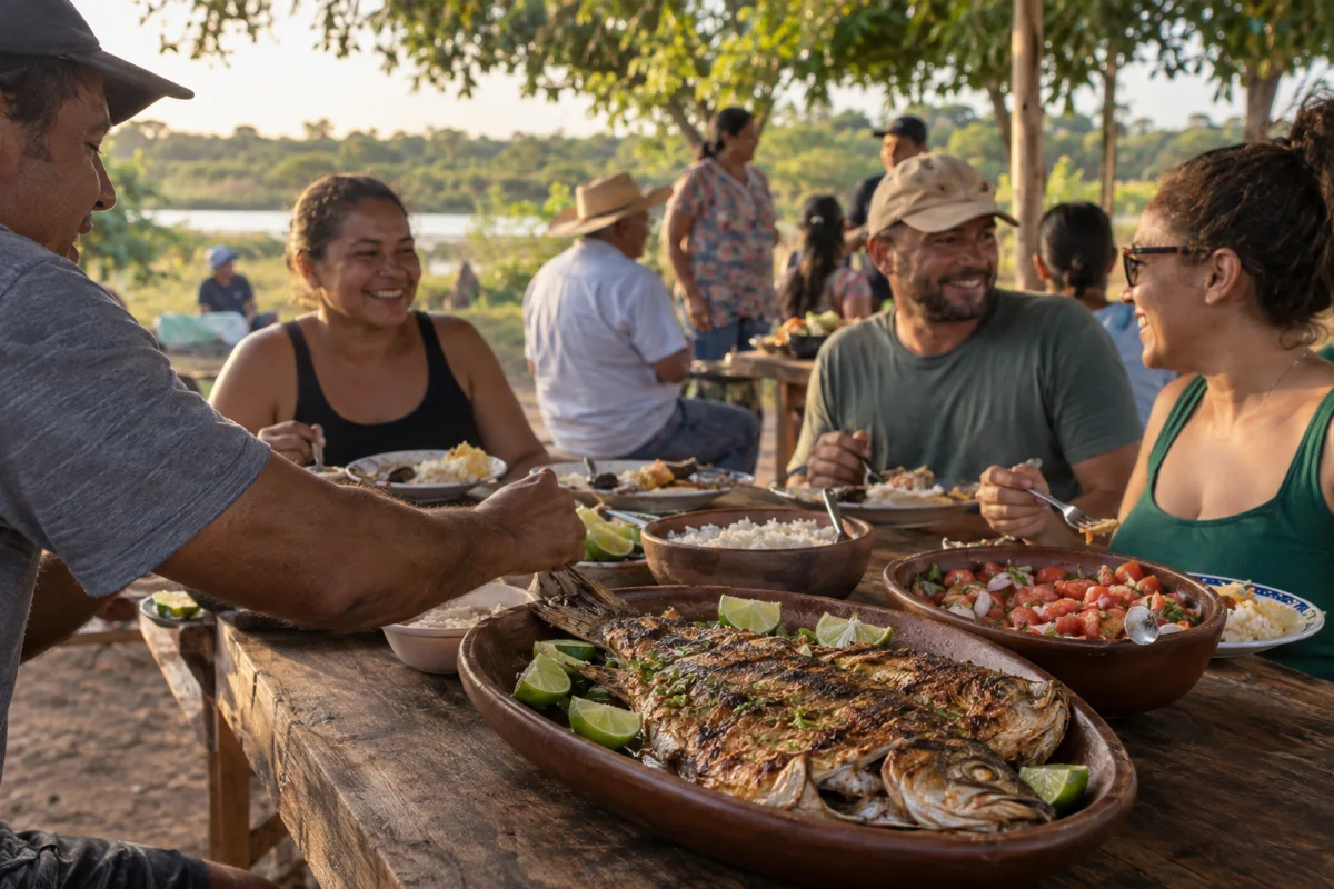 Ilustração por IA: Ilustração fotorealista horizontal em proporção 3:2, com peixe preparado e acompanhamentos sobre uma mesa compartilhada, pessoas conversando ao ar livre e vegetação ao fundo, sob luz natural. Cena imaginada gerada por IA, sem representar um local exato ou um registro da edição.