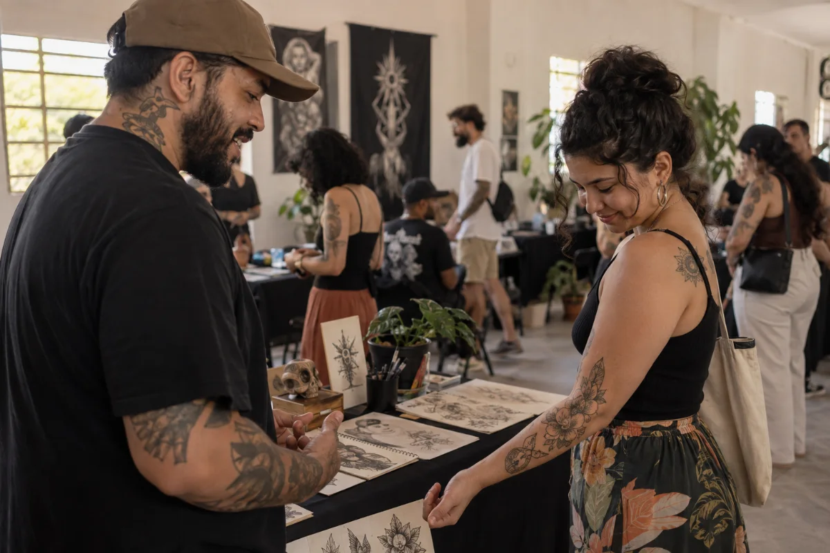 Ilustração por IA: Ilustração fotorrealista horizontal em 3:2, com luz natural, mostrando um tatuador e uma visitante observando uma tatuagem floral junto a uma mesa de desenhos. Outros adultos circulam ao fundo em uma feira fictícia inspirada no evento, sem representar um local específico ou um registro da edição real.