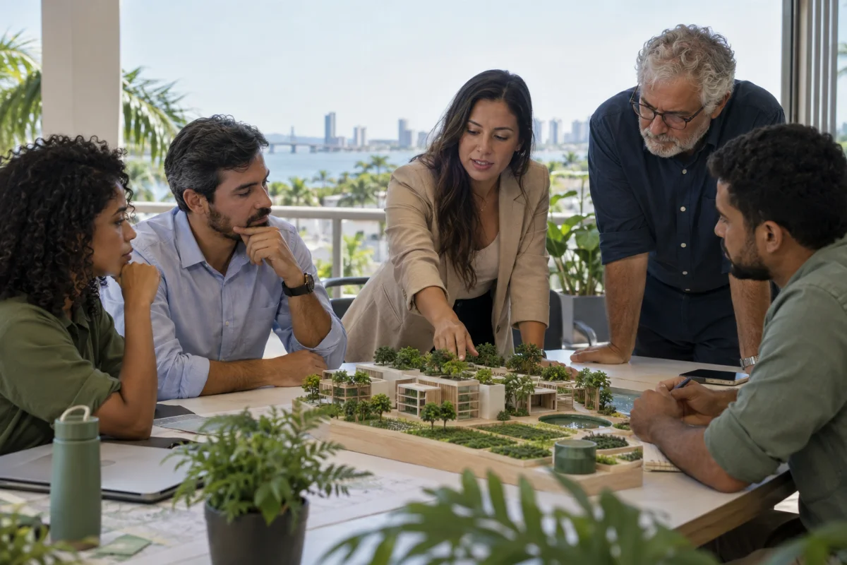 Ilustração por IA: Ilustração fotorealista horizontal em 3:2, com profissionais reunidos ao redor de uma maquete com edificações e vegetação, sob luz natural. A cena imaginada remete à colaboração e à sustentabilidade em um ambiente urbano litorâneo inspirado em Aracaju, sem representar o local ou um registro real do evento e sem textos ou logotipos.